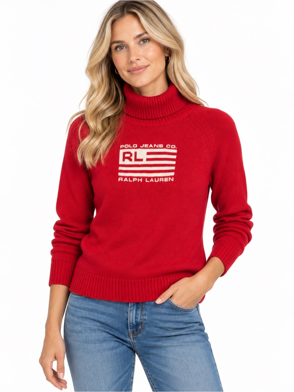 Ralph Lauren Polo Jeans Co Red RL Logo Turtleneck Sweater Vintage Y2K L